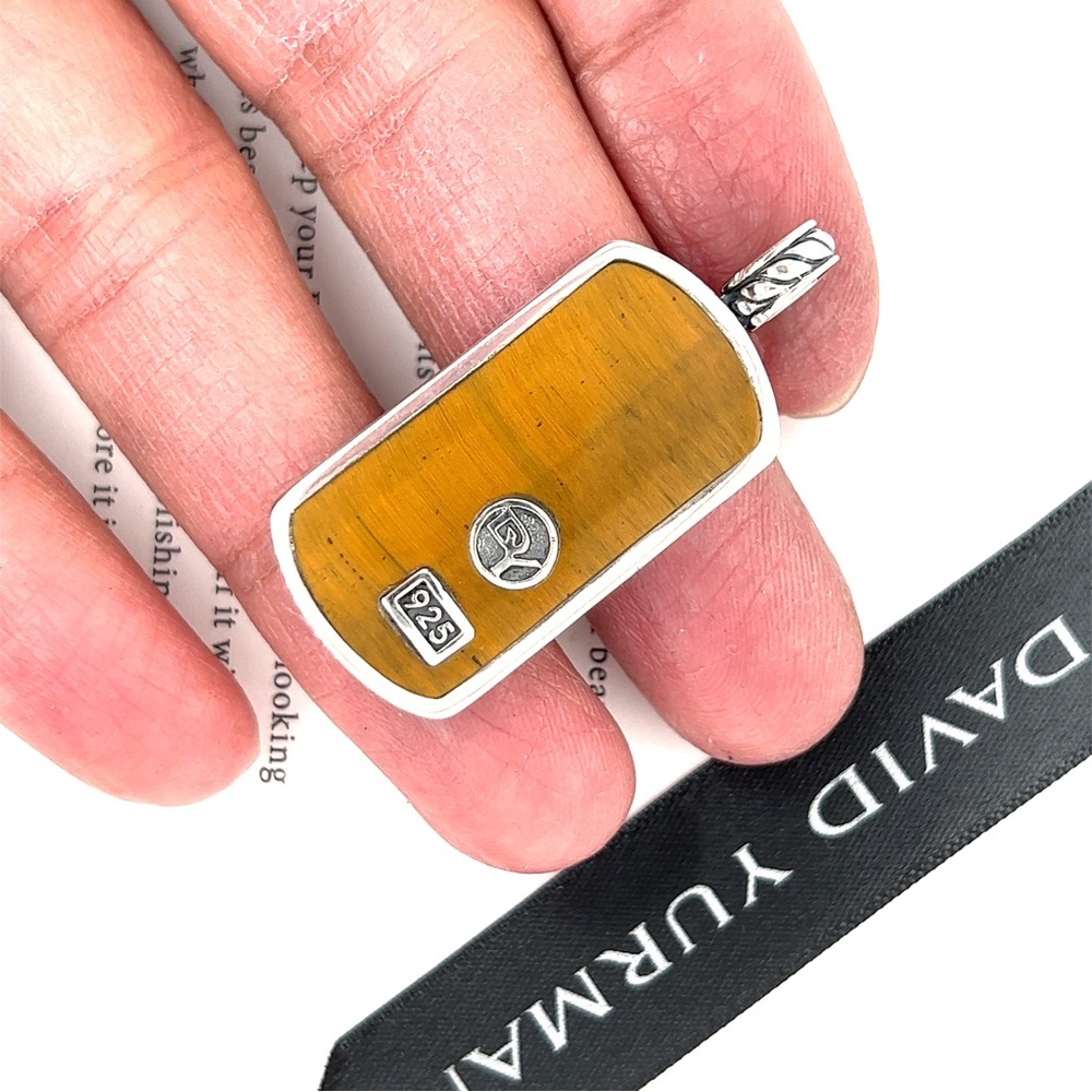 DAVID YURMAN Tiger Eye Exotic Stone Mens Women Dog Tag Amulet Streamline Pendant